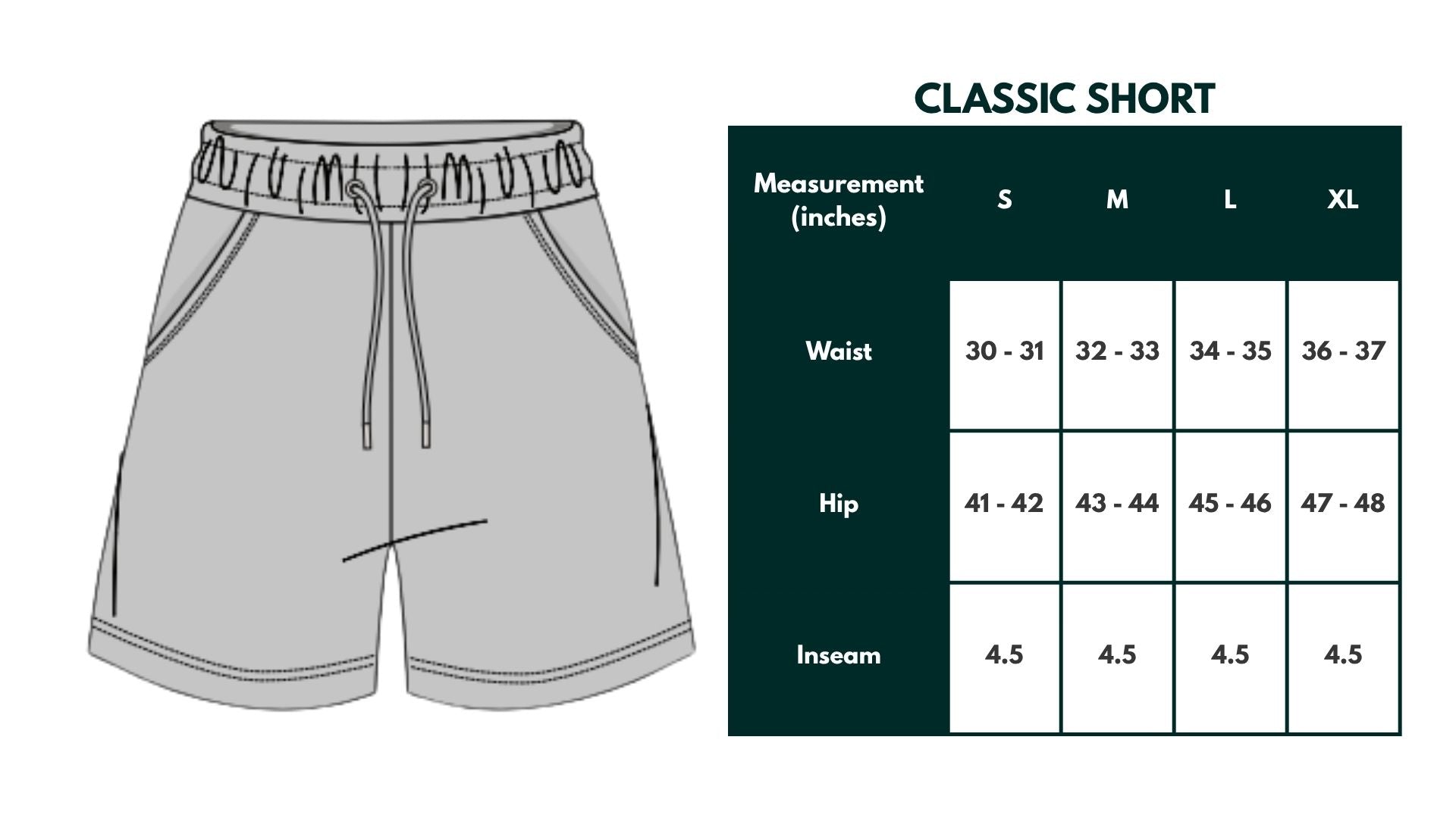 Size chart for Classic Short - 3 Pack
