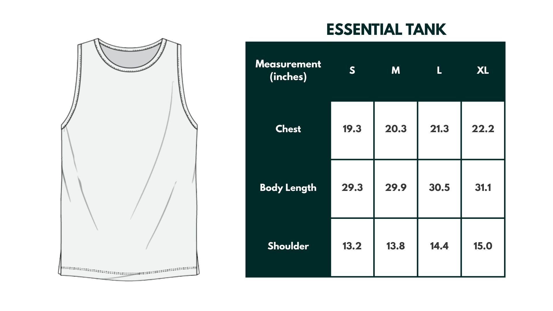 Size chart for Essential Tank