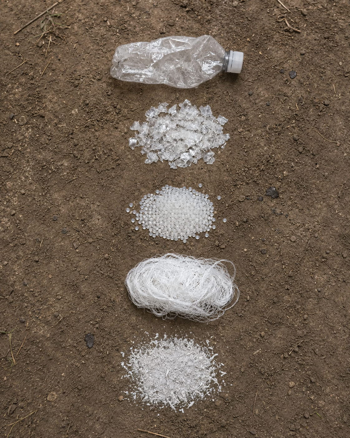 A plastic bottle, shredded flakes, PET pellets, synthetic yarn, and microplastic dust shown in sequence